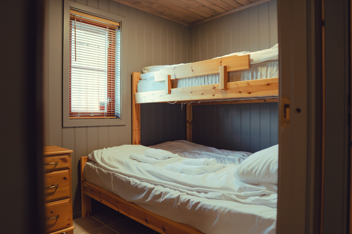 Bunk bedroom in a cabin at Alten Lodge with folded towels placed on the lower bed.
