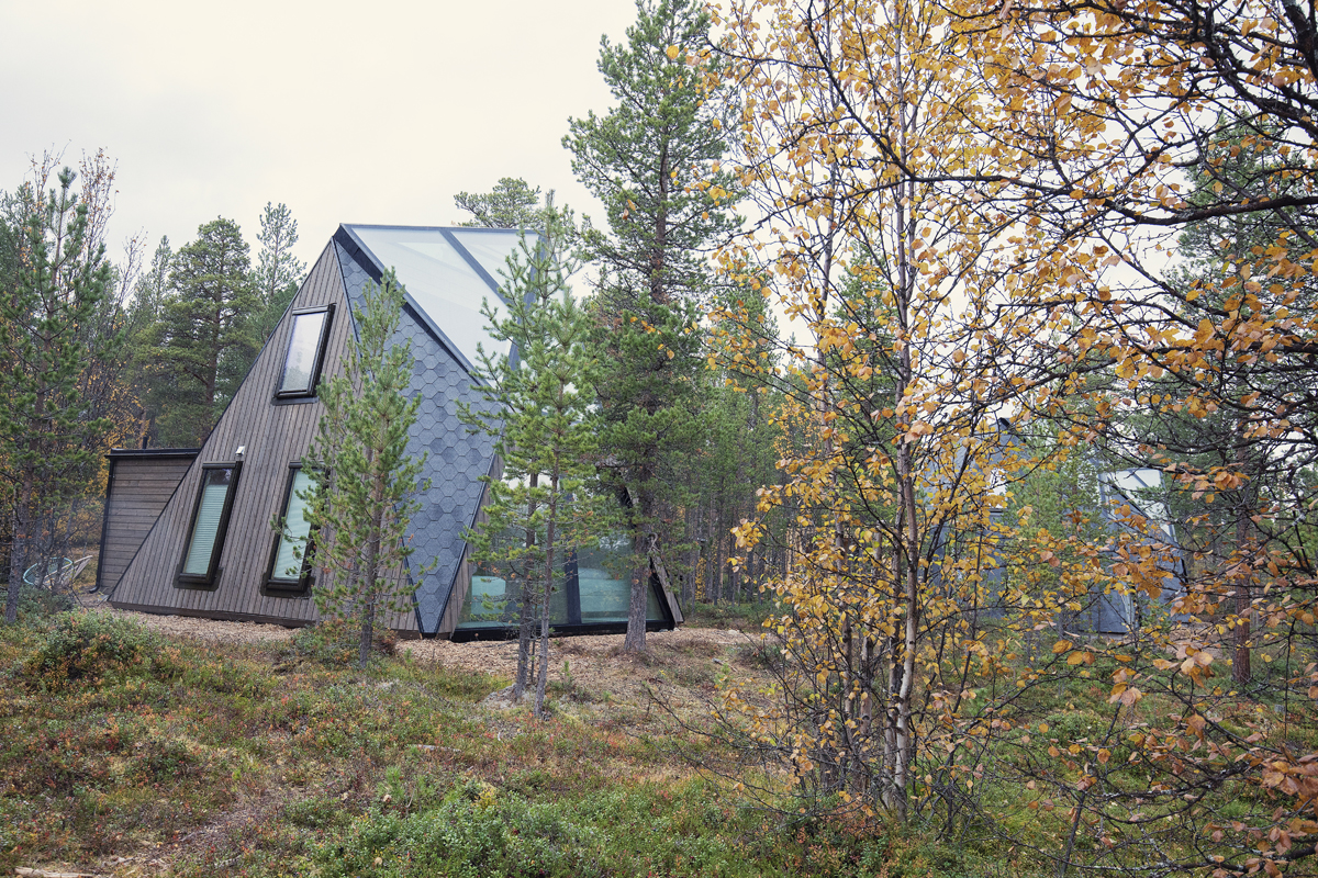 Glass cabin at Trasti & Trine set among autumn birch and pine trees.
