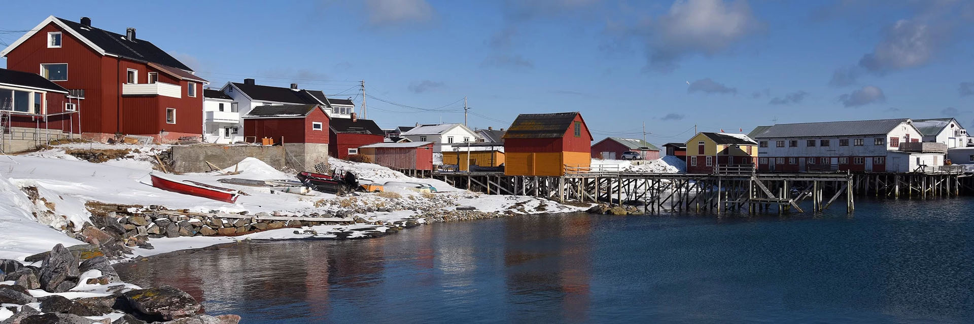 Colourful fishing village of Bugøynes on the Varanger Peninsula in winter