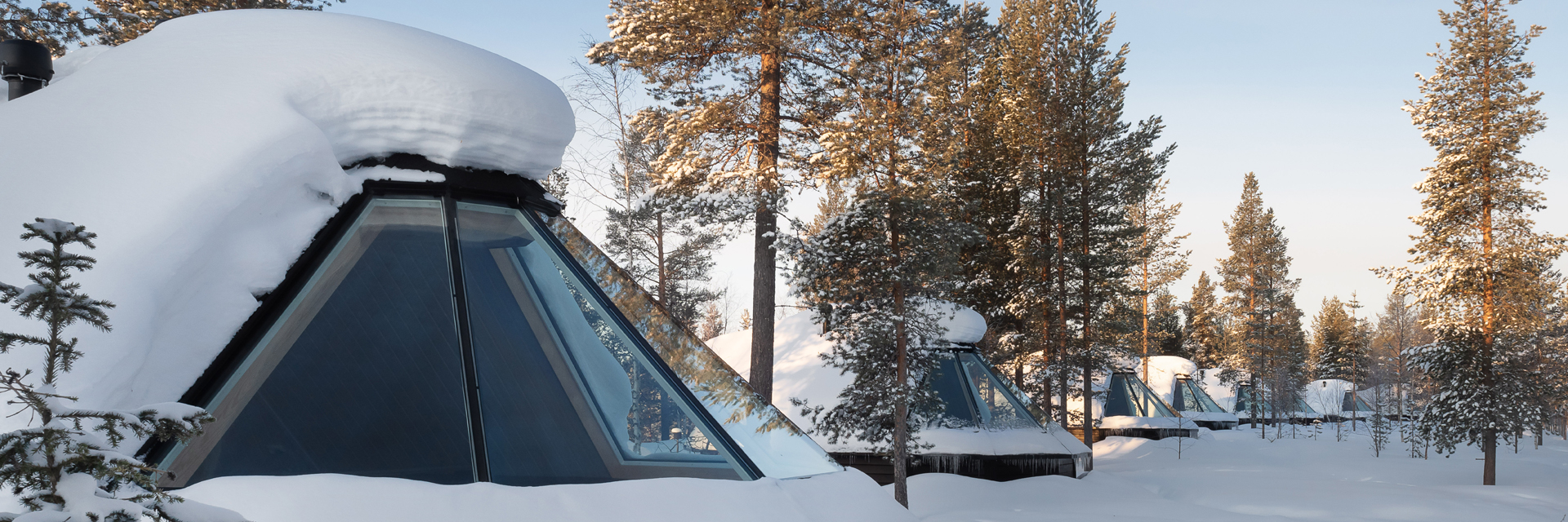 Row of snow-covered aurora cabins with angled glass roofs among tall pine trees on a clear winter day, Aurora Village, Ivalo