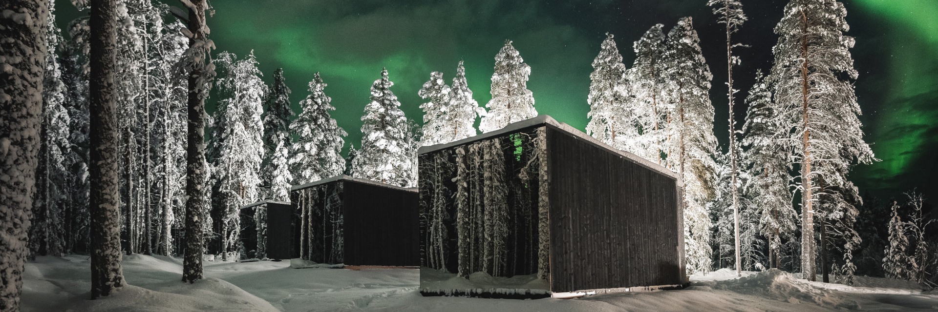 Dark glass cabins at Olo Resort at night surrounded by snow-covered trees under a green northern lights display, Levi