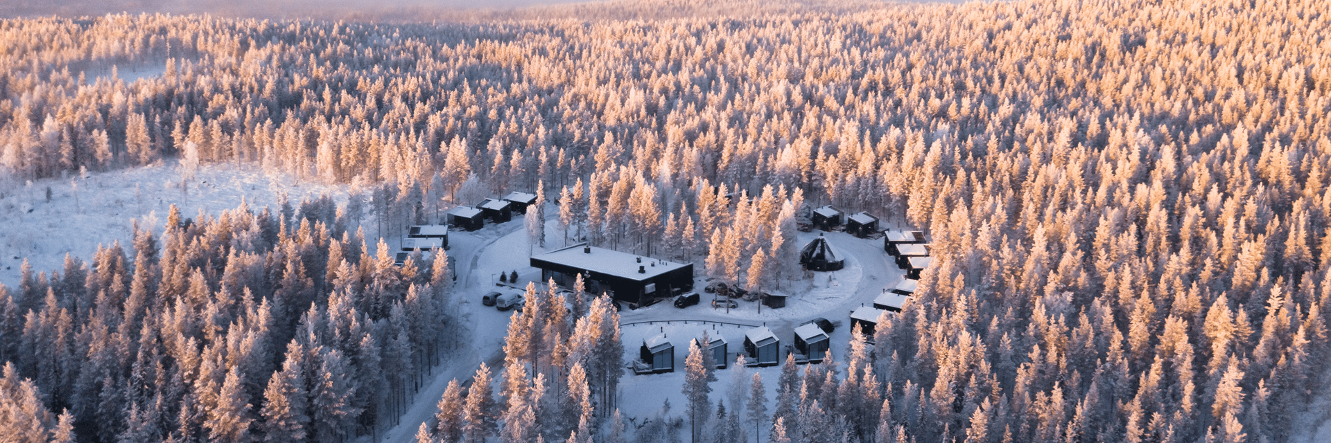 Aerial view of Halo Igloos with dark cabins and main building surrounded by a vast frost-covered forest at sunrise, Rovaniemi