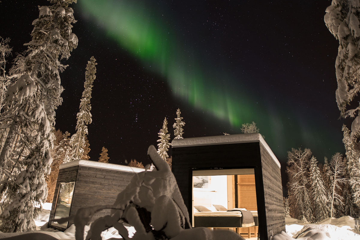 Aurora Cabin Igloo du Vaattunki Wilderness Resort sous les aurores boréales, entouré d'arbres enneigés près de Rovaniemi.