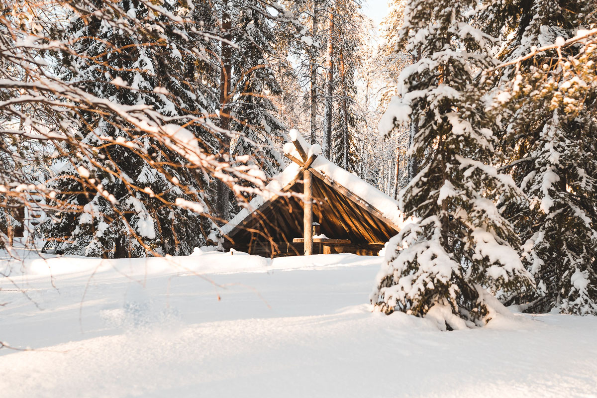 Abri kota traditionnel dans la forêt enneigée du Vaattunki Wilderness Resort près de Rovaniemi.