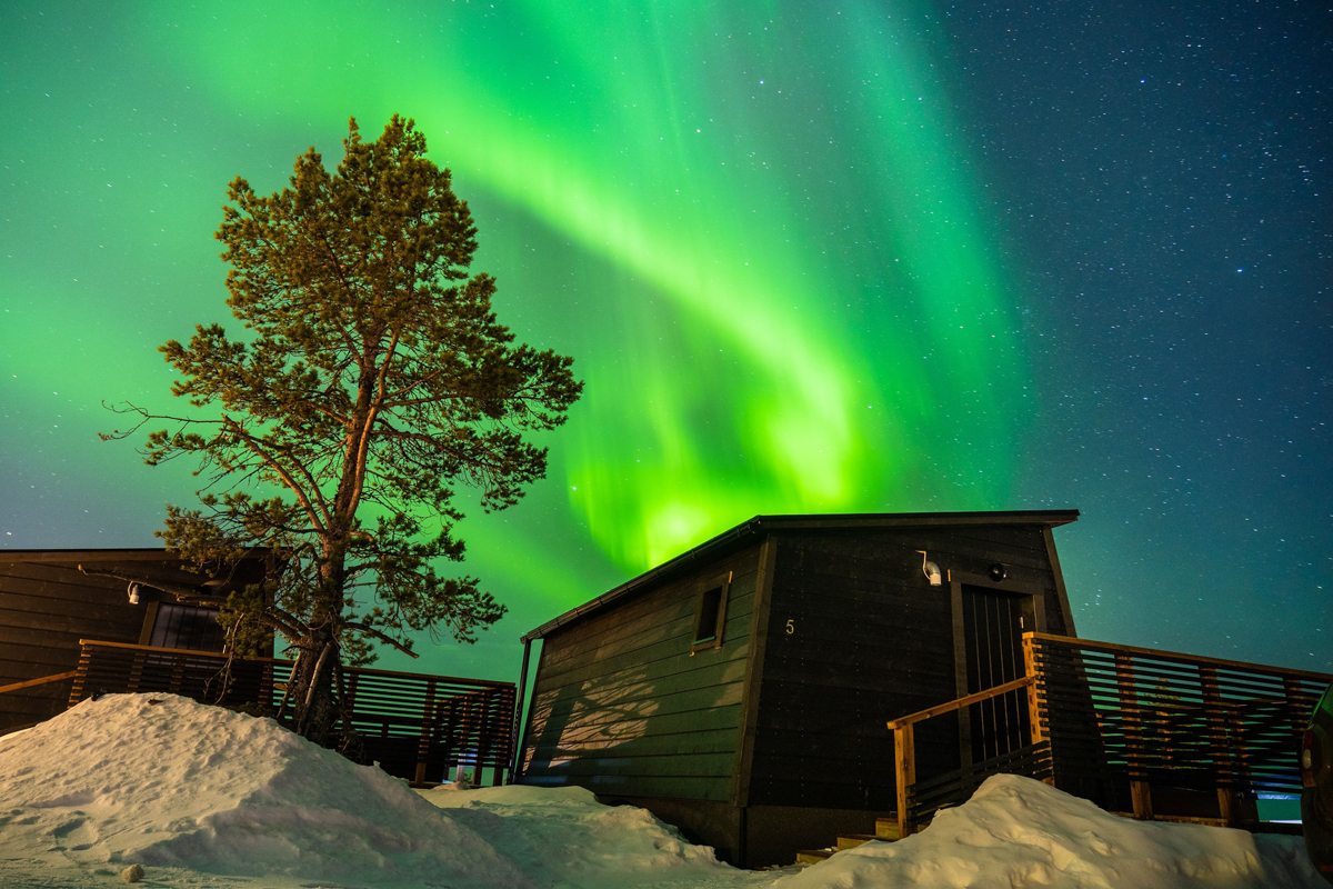 Dark wooden cabin with northern lights in vivid green filling the sky above, Saariselkä, Finland