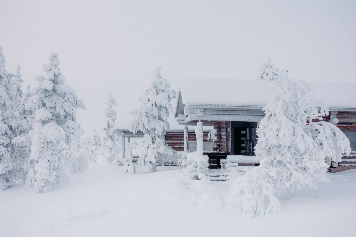 Snow-blanketed log cabin surrounded by heavily frosted trees in a white winter landscape, Saariselkä