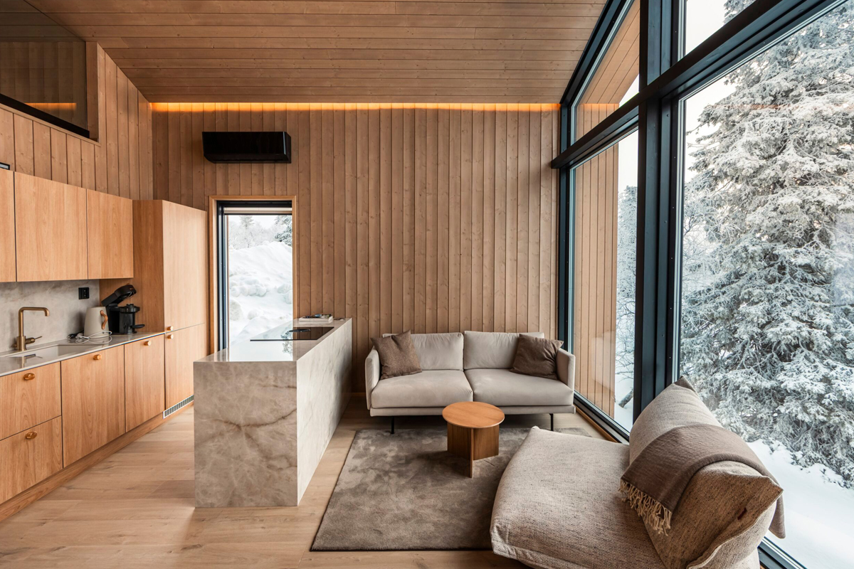 Contemporary cabin kitchen and living area with light oak cabinetry, a stone island, and large windows onto snow-covered pines