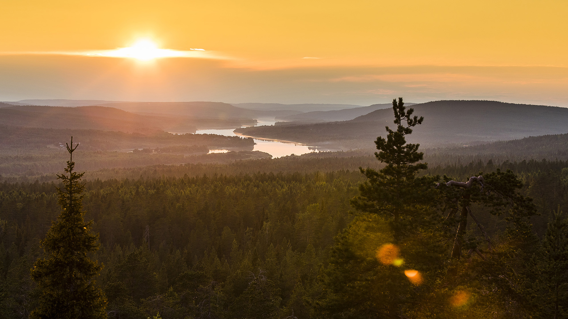 Coucher de soleil doré sur des collines boisées et une rivière en Laponie finlandaise en été