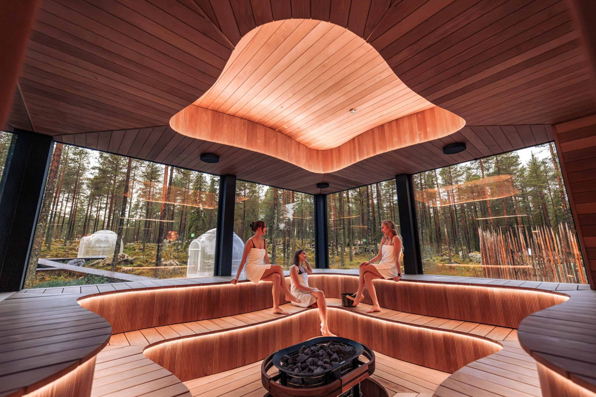 Guests relaxing in the sauna at Arctic Forest Spa, with forest views through glass walls.