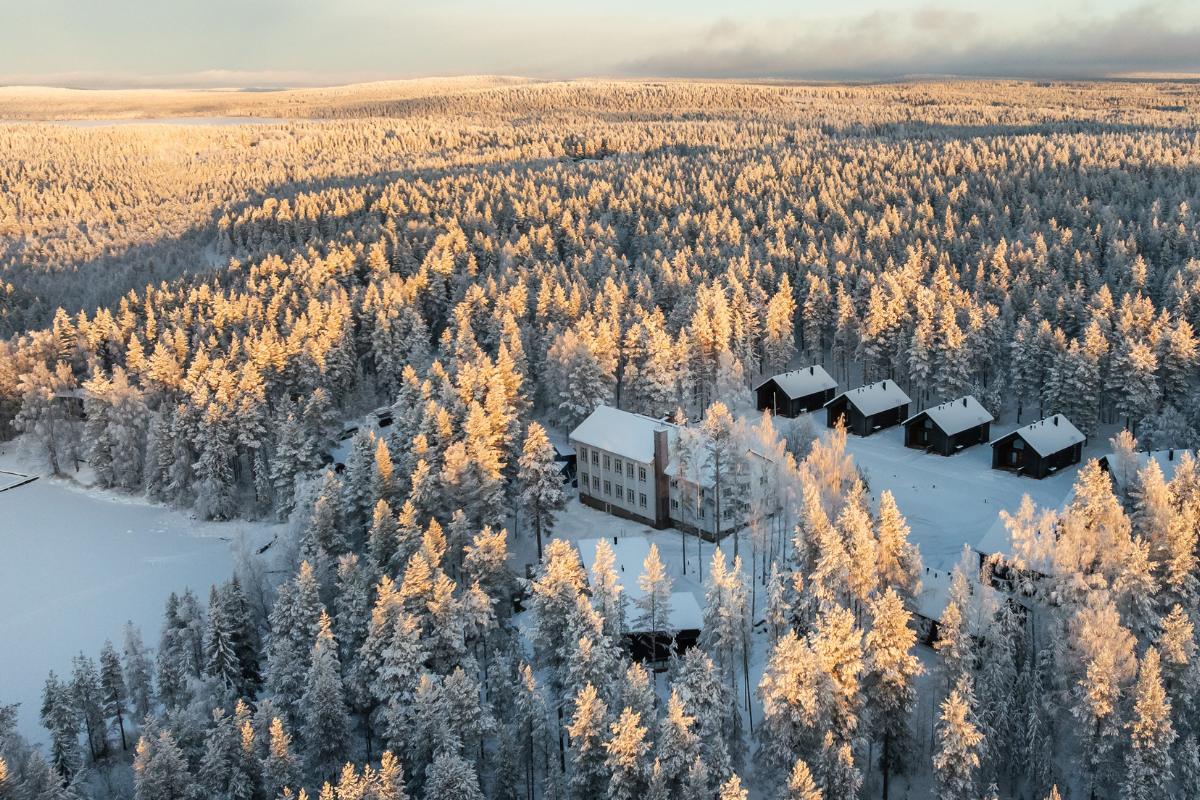 Vue aérienne d'un lodge et de ses chalets, entourés de pins enneigés.