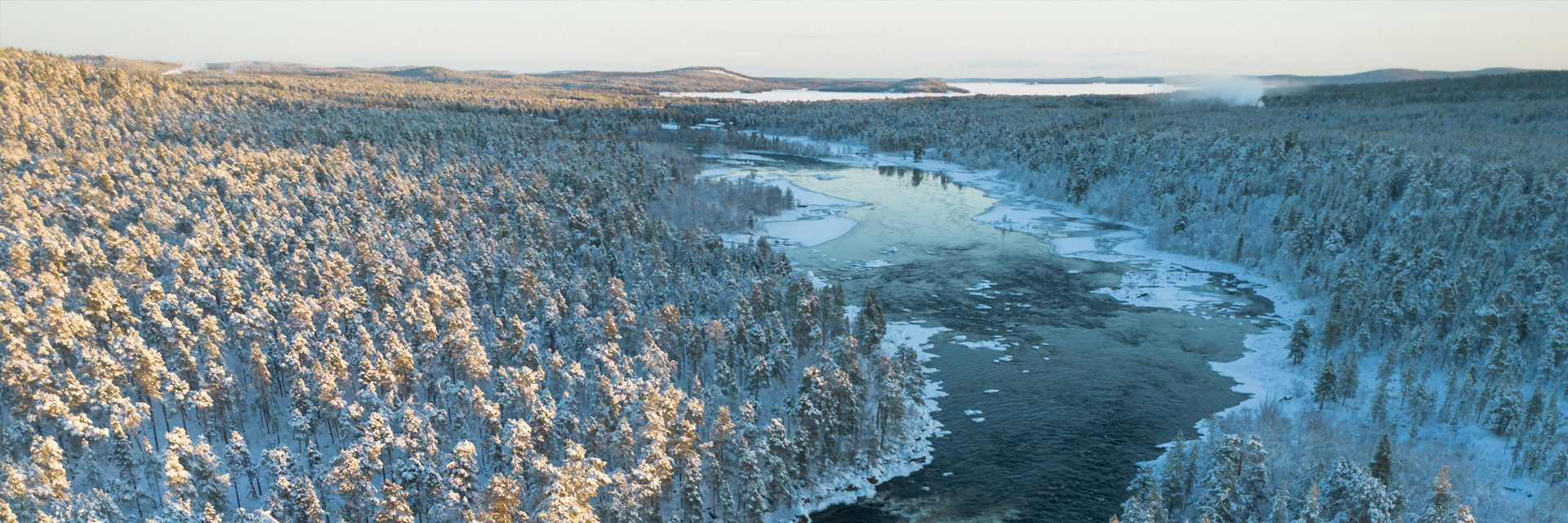 Aerial view of a partly frozen river winding through snow-covered pine forest in Lapland.