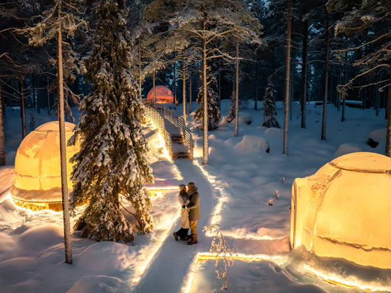 Private Aurora Igloo Dinner, Rovaniemi. Candlelit dinner inside a heated igloo in the Arctic forest.