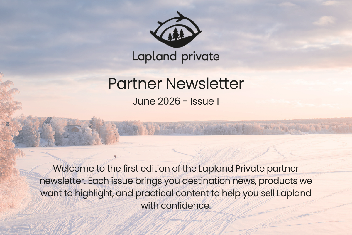 Lapland Private Partner Newsletter. Snow-covered forest landscape at dusk across Finnish Lapland.